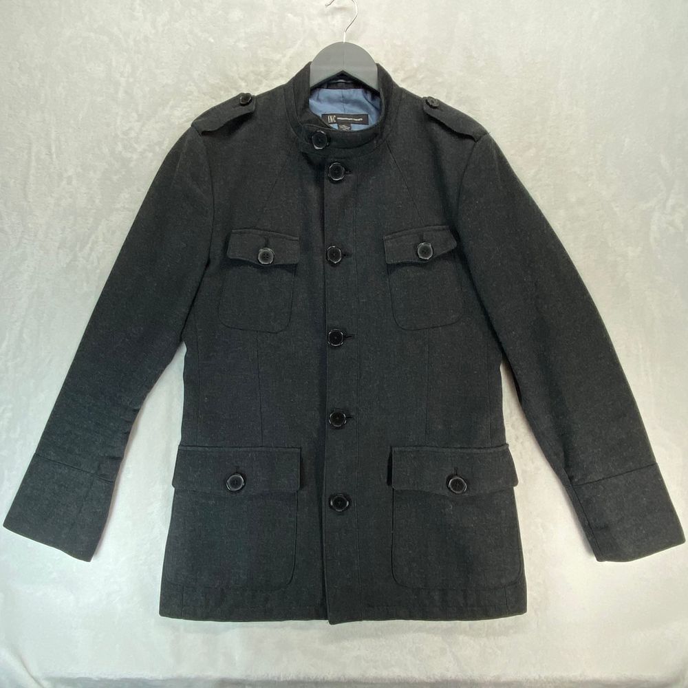 INC International Concepts Jacket Coat S Military Gray Wool Blend Stand Collar
